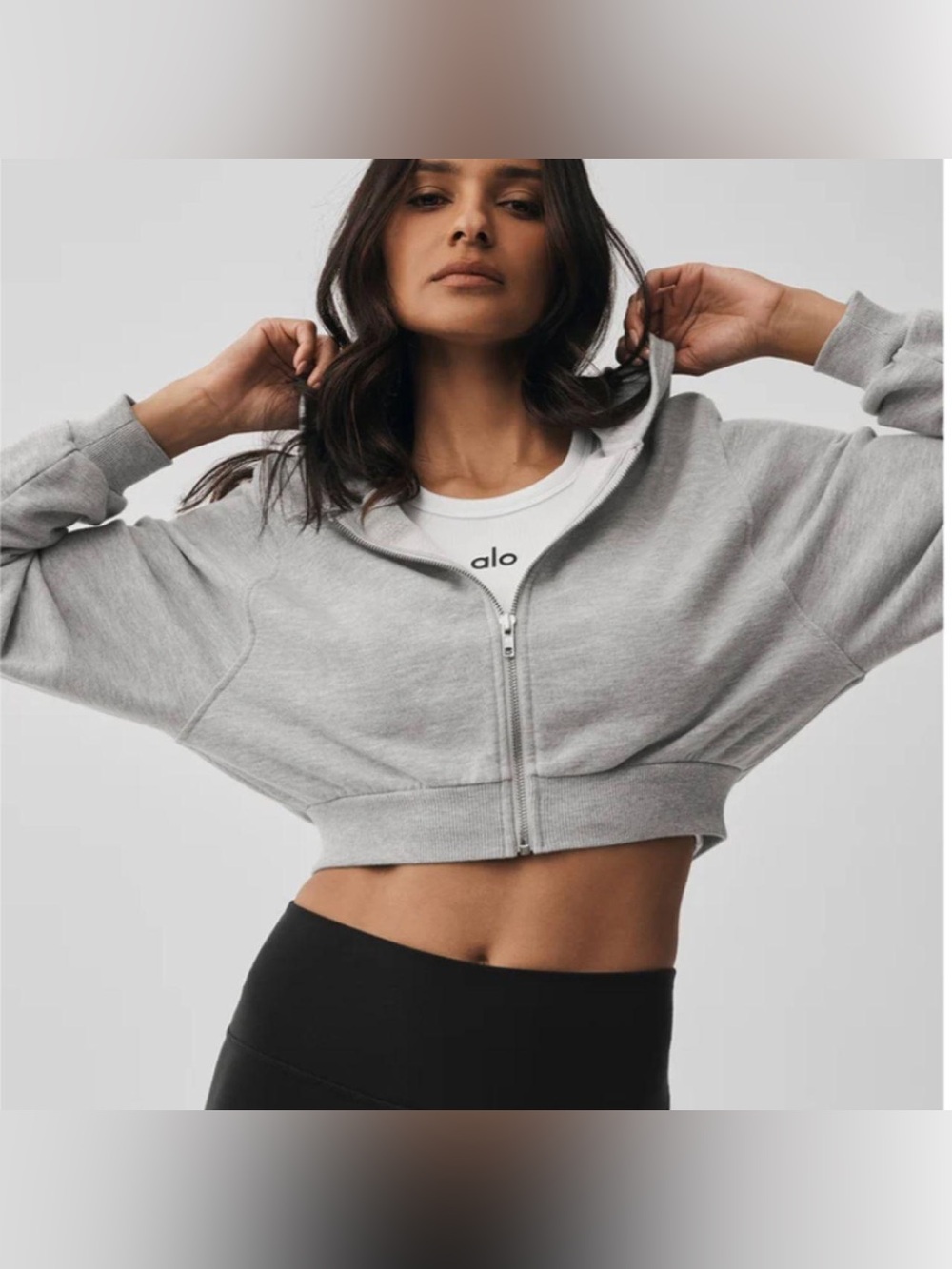 Alo Sweet Escape Zip Up Grey Cropped Hoodie